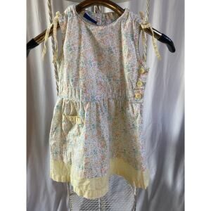 Oh Kosh B' Gosh Dress Retro Cotton Yellow Floral Contrast Hem Sleeve Bows Size 4